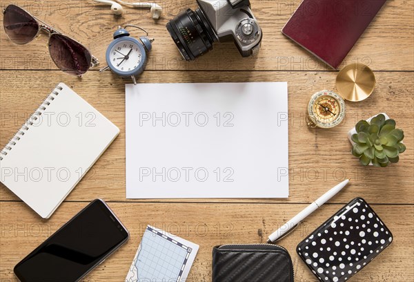 View traveling items wooden background