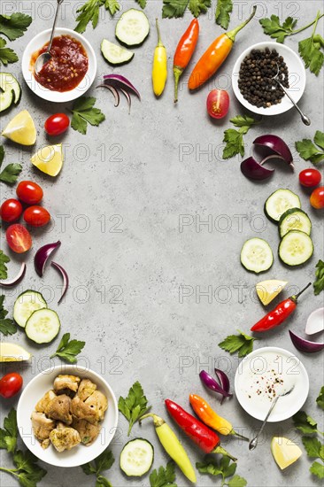 Arabic kebab sandwich ingredients top view