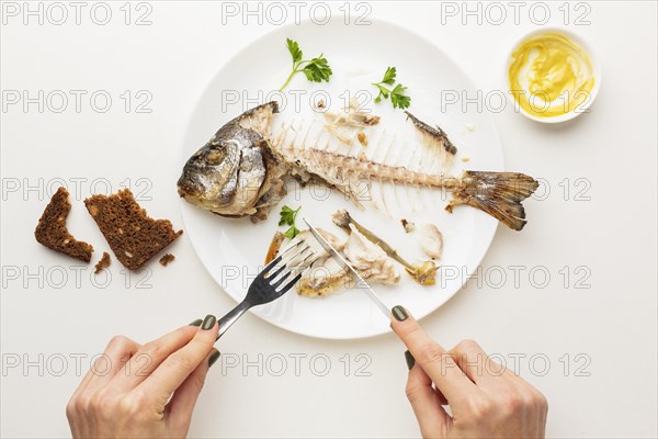 Cooked fish leftovers hands