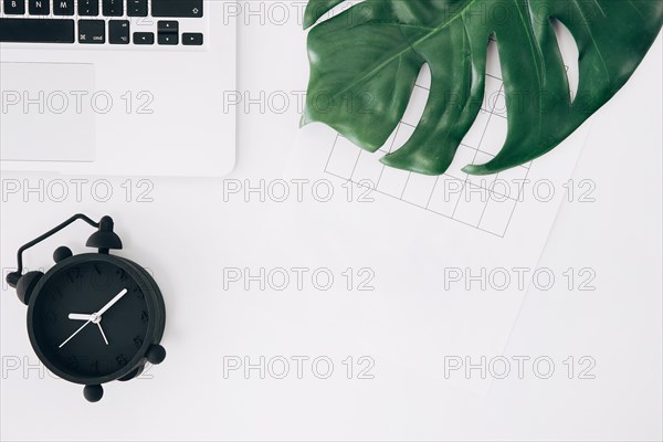 Elevated view black alarm clock laptop page green monster leaf white desk