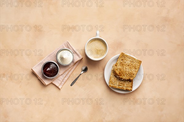 Flat lay decoration with toast cappuccino