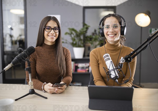 Front view women broadcasting radio