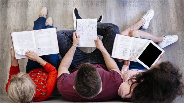 Group people studying floor
