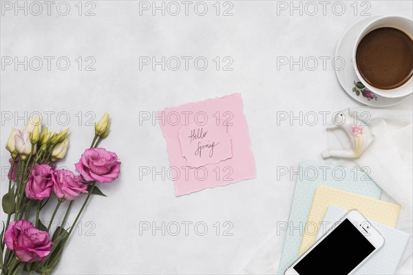 Hello spring inscription with roses coffee