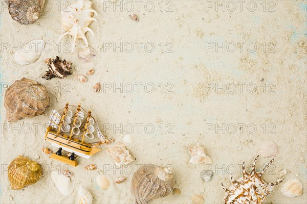 Layout seashells toy boat sand