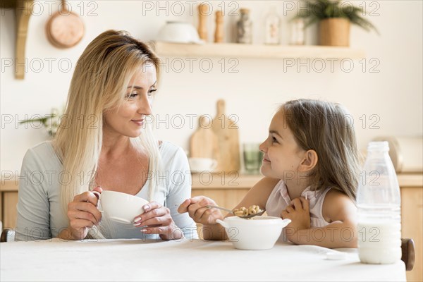 Mother daughter eating breakfast together