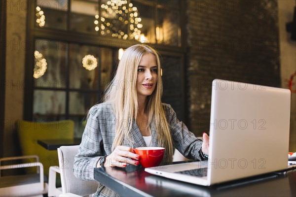 Stylish businesswoman with laptop cosy coffee shop