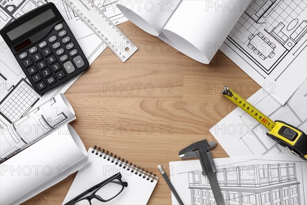 Technical plan drawing wooden background