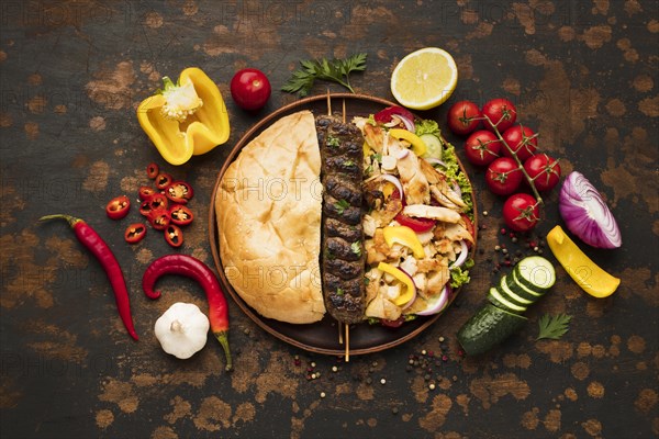 Top view assortment delicious kebabs with vegetables