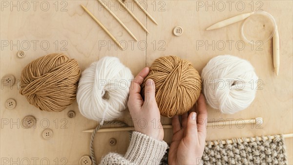 Top view assortment with knitting tools