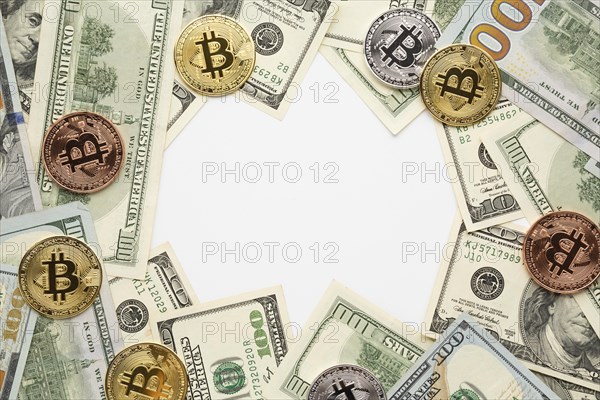 Top view bitcoin dollar bills