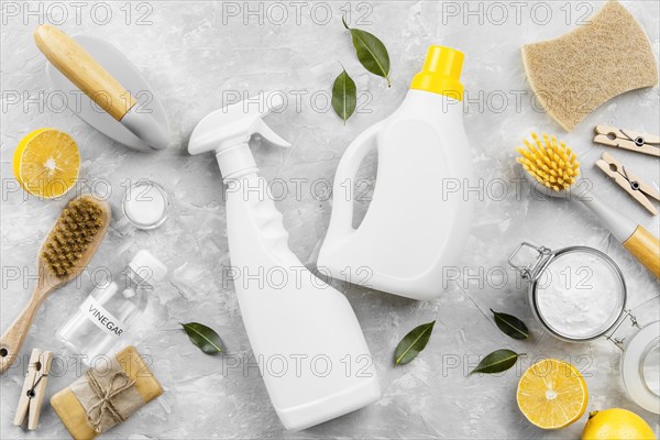 Top view eco friendly cleaning products with baking soda lemon