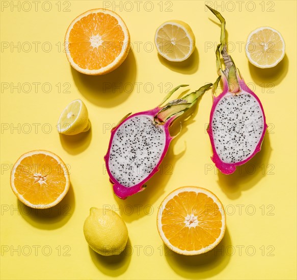 Top view organic dragon fruit with orange