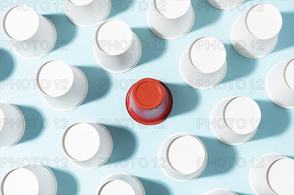 Top view red plastic cup paper cups