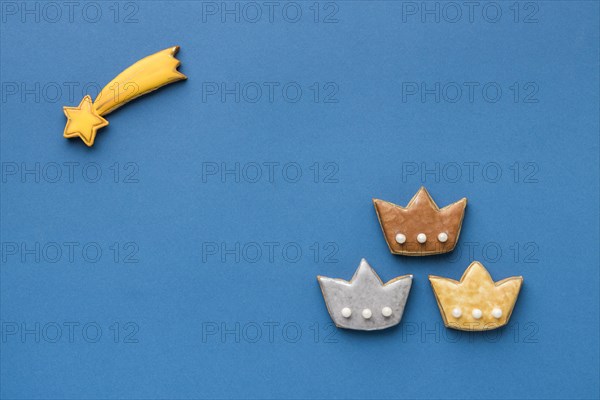 Top view shooting star with three crowns epiphany day