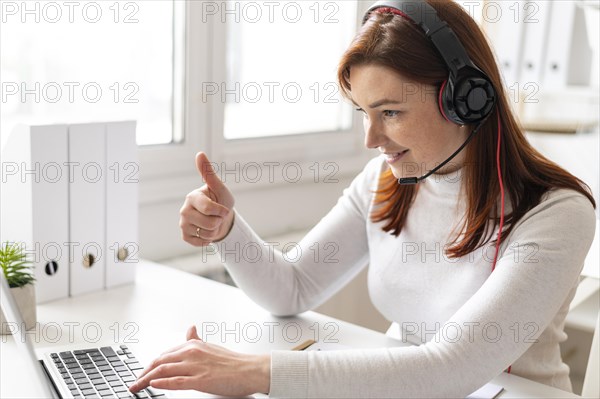 Woman work having video call laptop