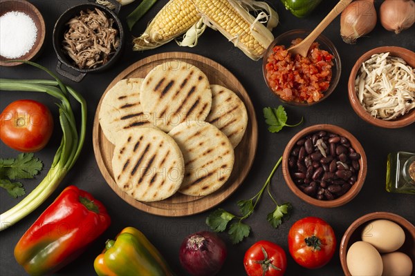 Arepas vegetables arrangement top view