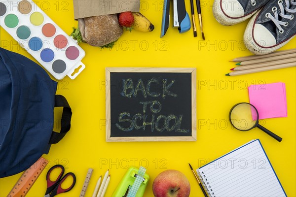 Blackboard with school accessories yellow background