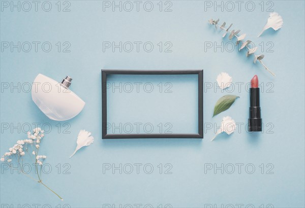 Blank frame with lipstick plants table