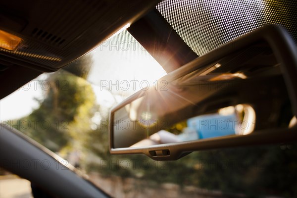 Close up rearview mirror sunshine