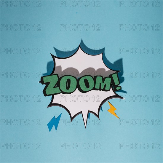 Explosion sound effect with zoom text speech bubble against blue background