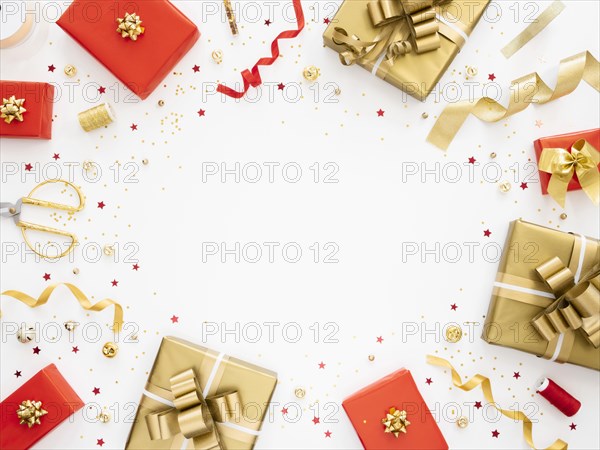 Flat lay assortment festive wrapped presents