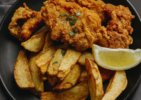 Flat lay fish chips plate with lemon slice