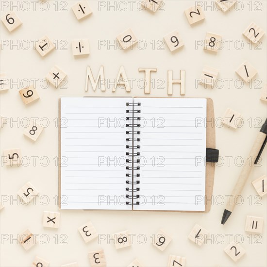 Flat lay math science scrabble board numbers with notebook