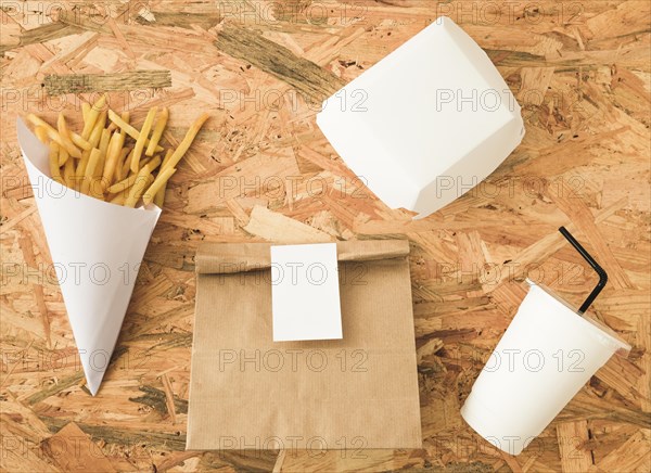 French fries paper cone package mockup wooden backdrop
