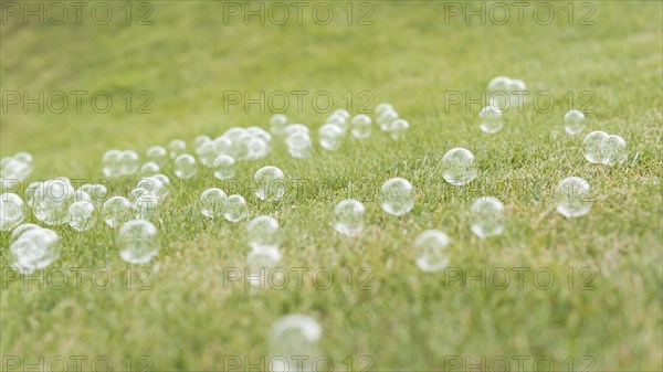 Front view cute soap bubbles grass