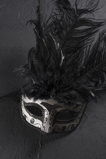 Grey carnival mask with feather table