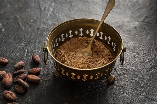 High angle bowl with cocoa powder cocoa beans