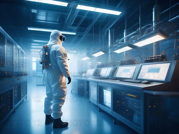 Scientists in protective suits in a high-security laboratory. AI generates