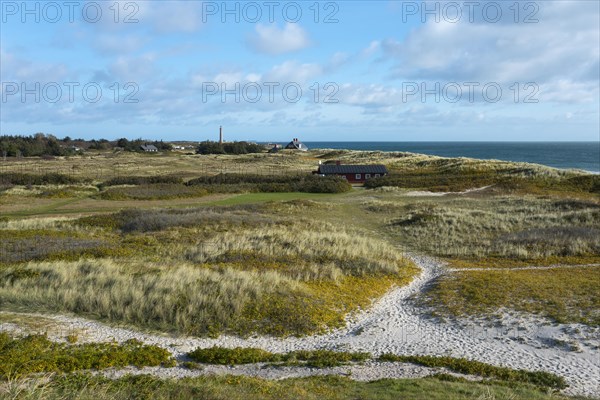 Dune landscape with the grey lighthouse in the background