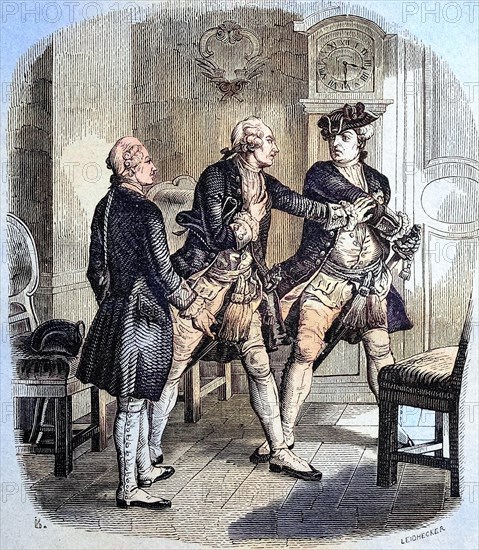 Frederick William I of Prussia threatens his son Frederick after his failed attempt to flee Germany. Frederick William I