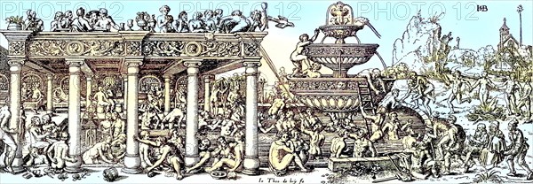 The Fountain of Youth. Copperplate engraving by Theodor de Bry after a woodcut by H.S. Beham