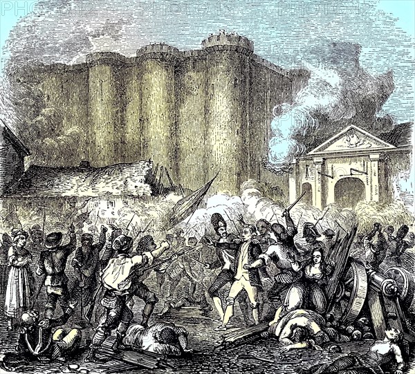 The Bastille was a fortress in Paris. It played an important role in France's internal conflicts and was used as a state prison by the French kings for most of its history. It was stormed by a crowd on 14 July 1789 during the French Revolution. Reproduction of a woodcut from 1880