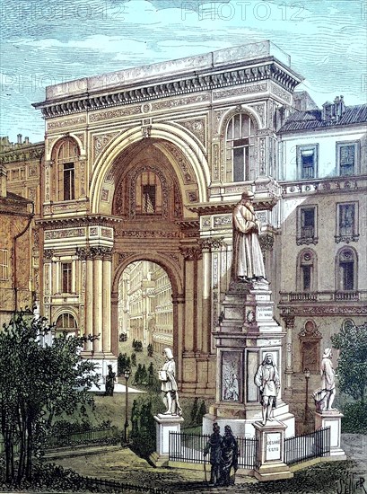 The monument of Leonardo da Vinci in front of the entrance to the Victor Emanuel Gallery in Milan