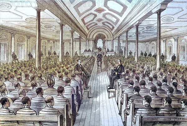Convicts at Sunday worship service in the Chapel of the prison Sing Sing in the state of New York