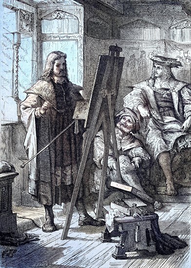 Albrecht Duerer stands at the easel and paints the portrait of Emperor Maximilian I