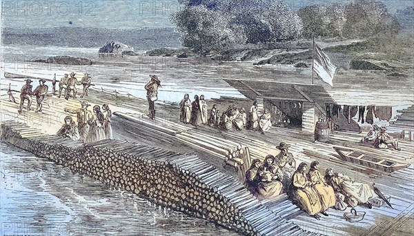 Wooden raft on the Danube River