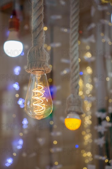 Decorative antique edison style filament light bulbs hanging