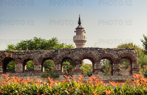 Minaretseen behind city walls of Constantinople in Istanbul