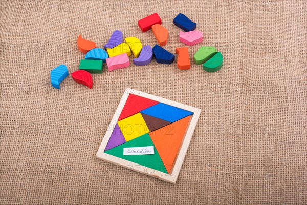 Colorful pieces of a square tangram puzzle