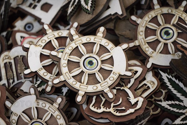 Set of wooden steering wheels of a boat