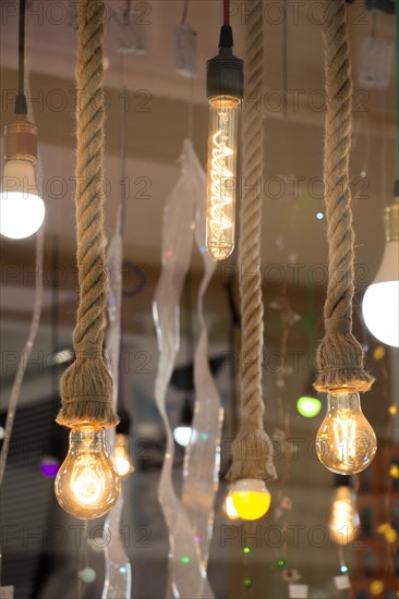 Decorative antique edison style filament light bulbs hanging