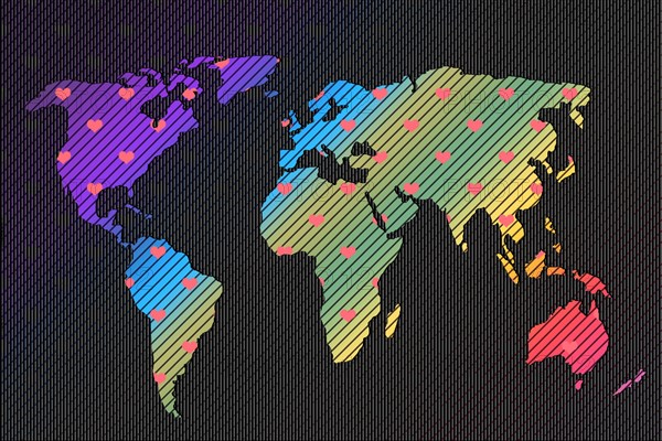 World map design with heart pattern. Earth with continents. Map of europe and america