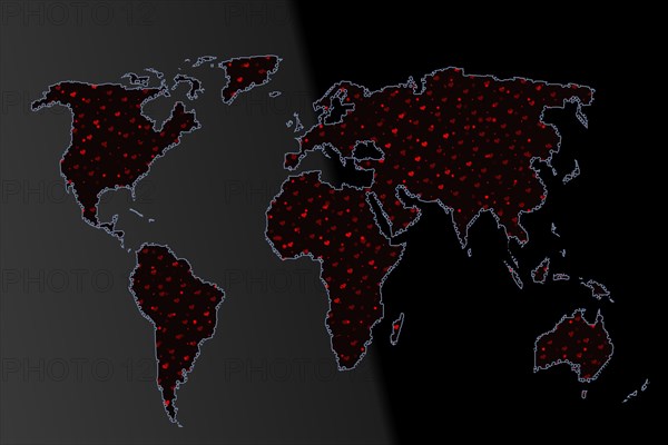 World map design with heart pattern. Earth with continents. Map of europe and america