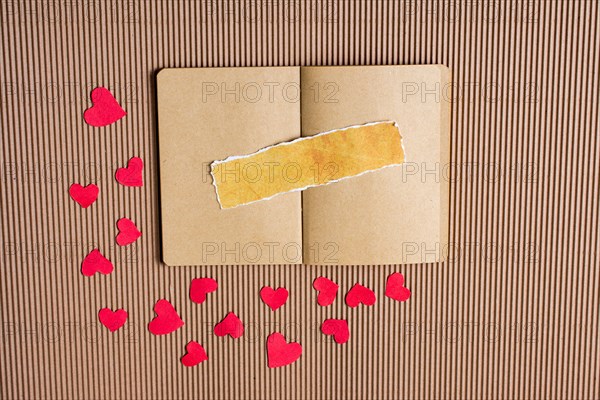 Paper hearts around notebook with torn paper on it