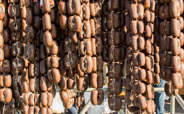 Traditional Turkish style dried sausages in view